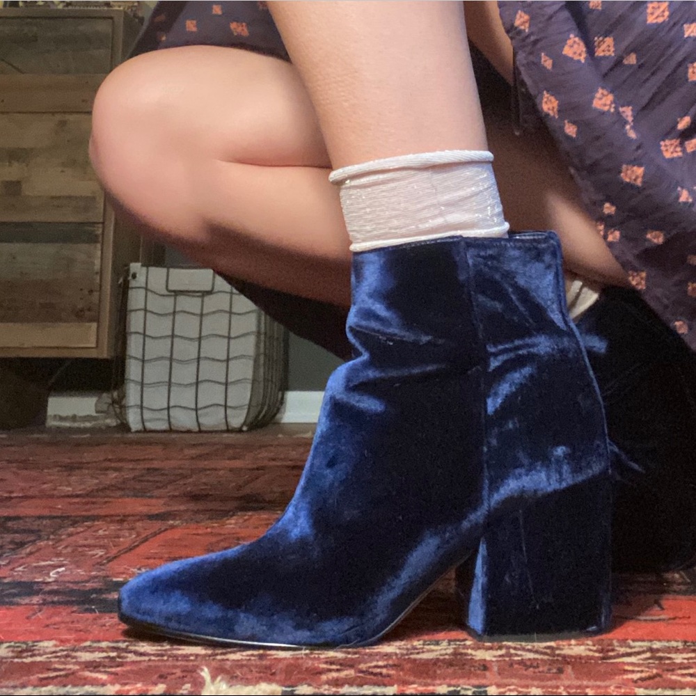 Blue Velvet Chunky Heel Ankle Boots